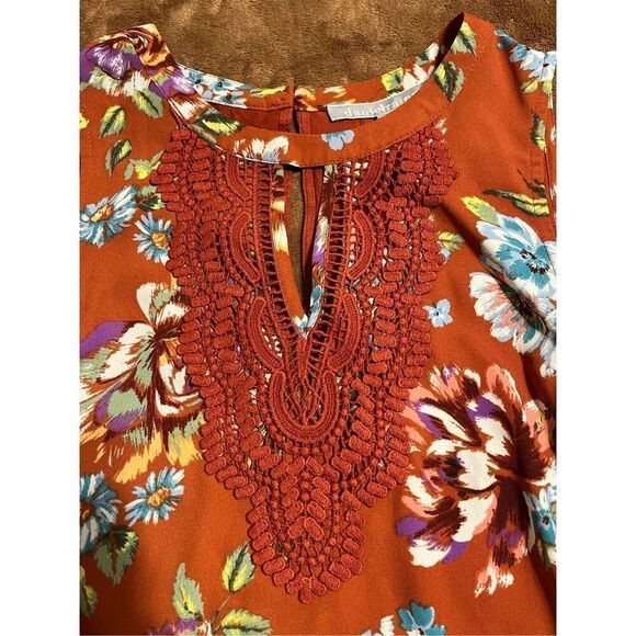 Daniel Rainn Women's PS Orange Tropical Print Embroidered Sleeveless Blouse - Picture 2 of 10